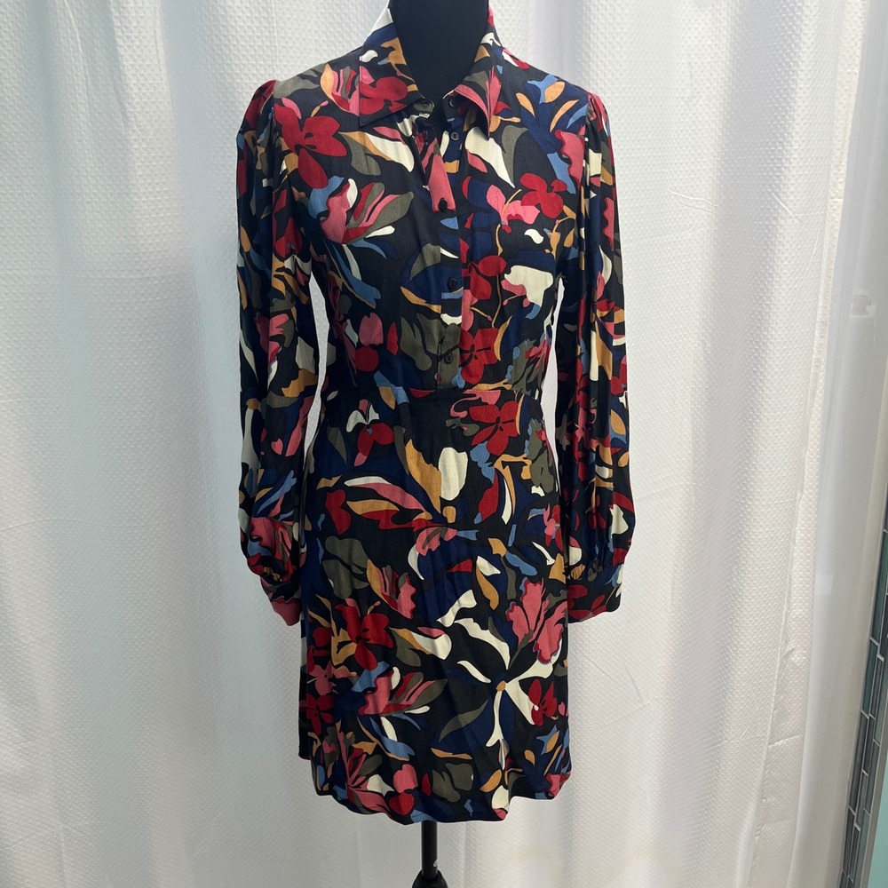 ba&sh Womens XS Abstract Floral Long Sleeve Shirt Dress Multicolor Mini Collared